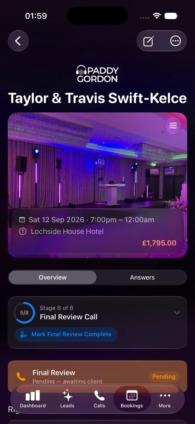 A booking open on iPhone: venue, timings, fee and planning progress.