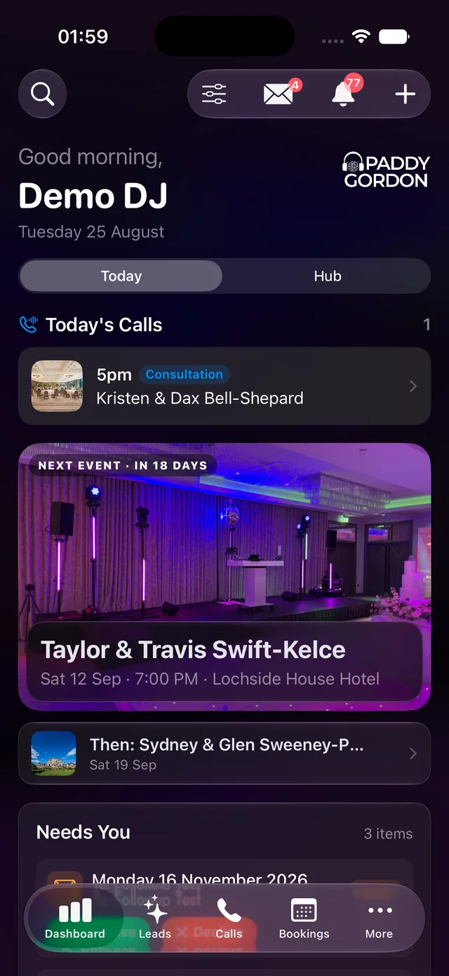 iPhone dashboard with today's consultation call and the next event.