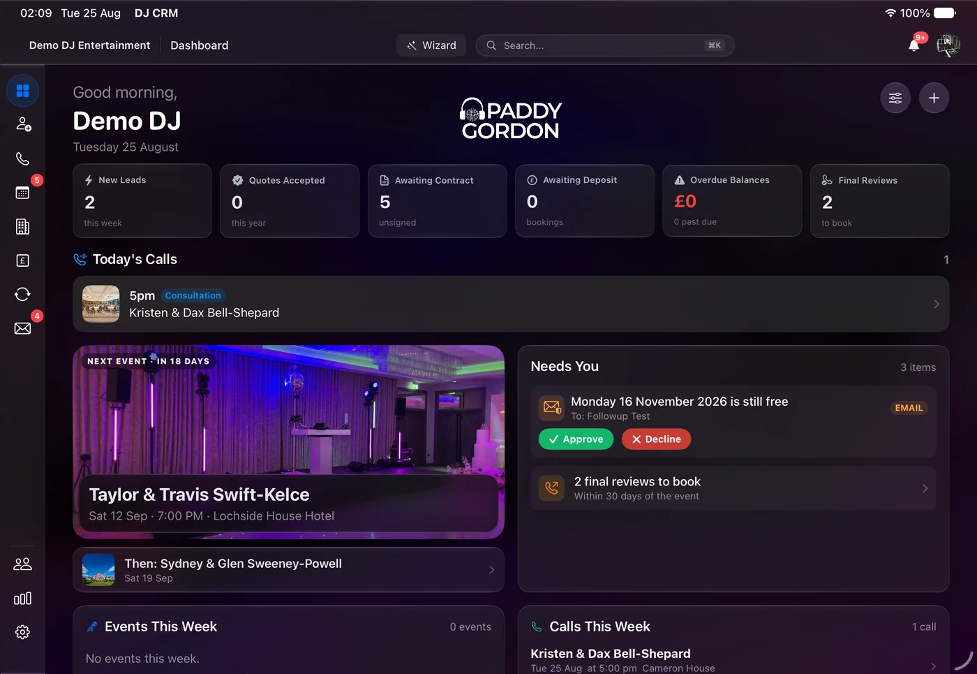 The iPad dashboard in landscape: today's calls, the next event and items needing attention.