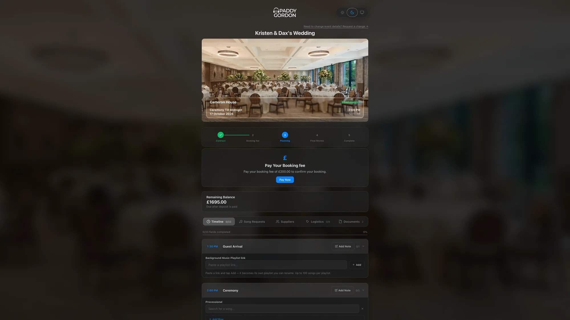 The client portal: venue photo, event details, progress steps and payment card.