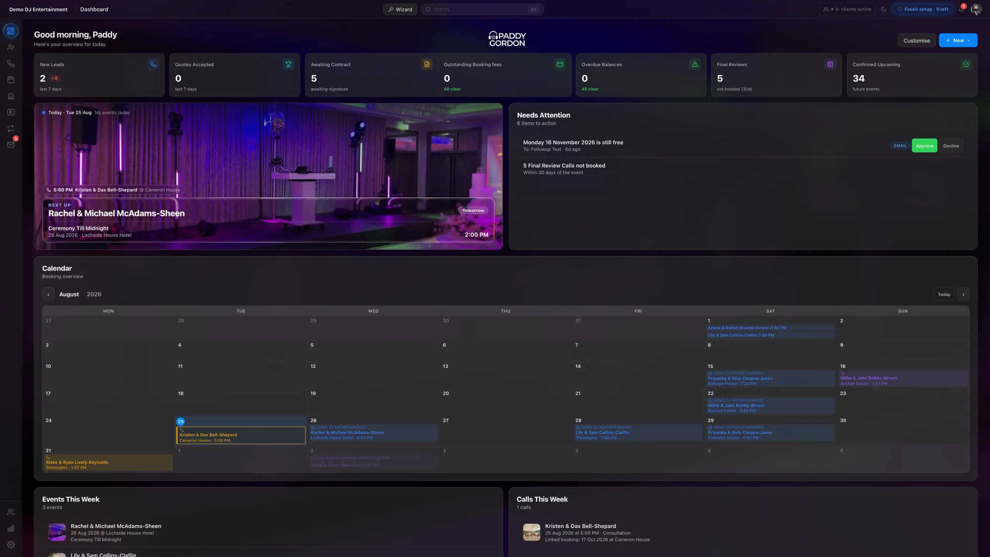 The DJ-CRM dashboard: stat tiles, today's calls, the next event and the month's calendar.