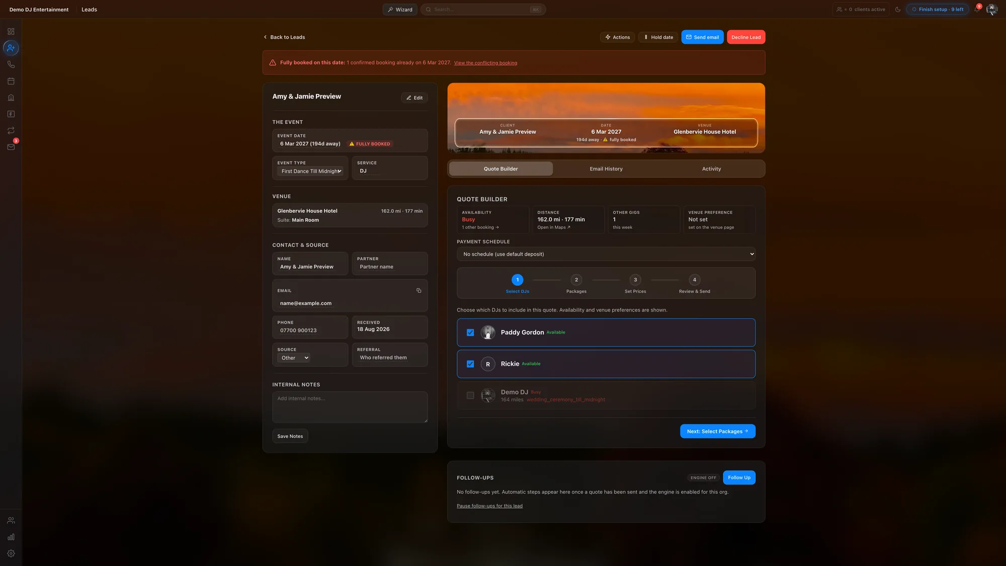 A lead open on the web with availability, distance and the quote builder